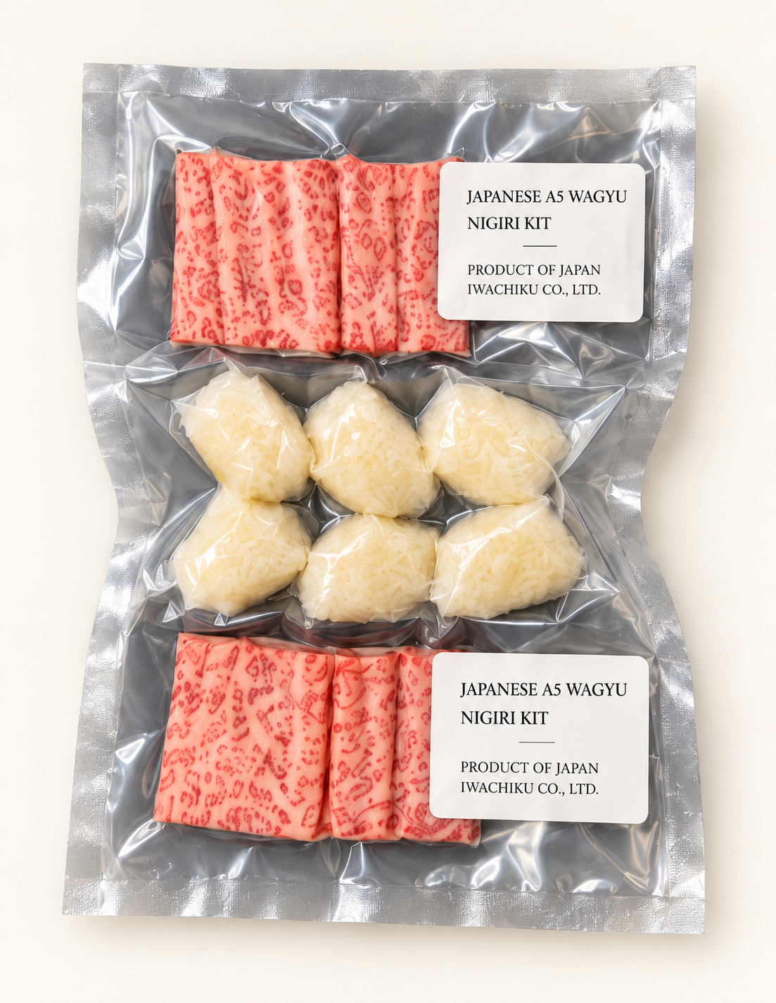 Vacuum-sealed Japanese A5 Wagyu tasting kit with portioned Wagyu slices and prepared sushi rice